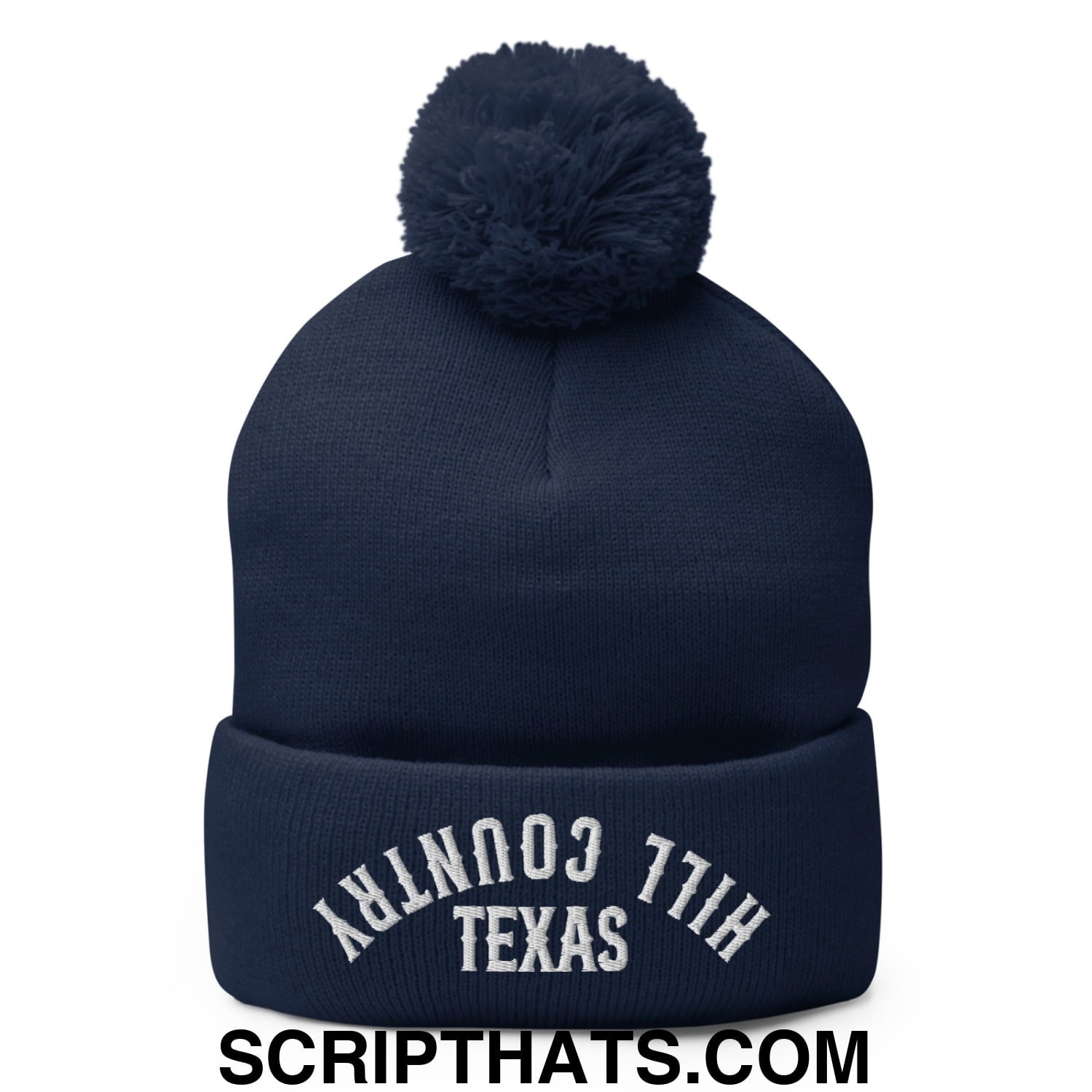 Upside Down Texas Hill Country Embroidered Knit Pom Pom Beanie Navy