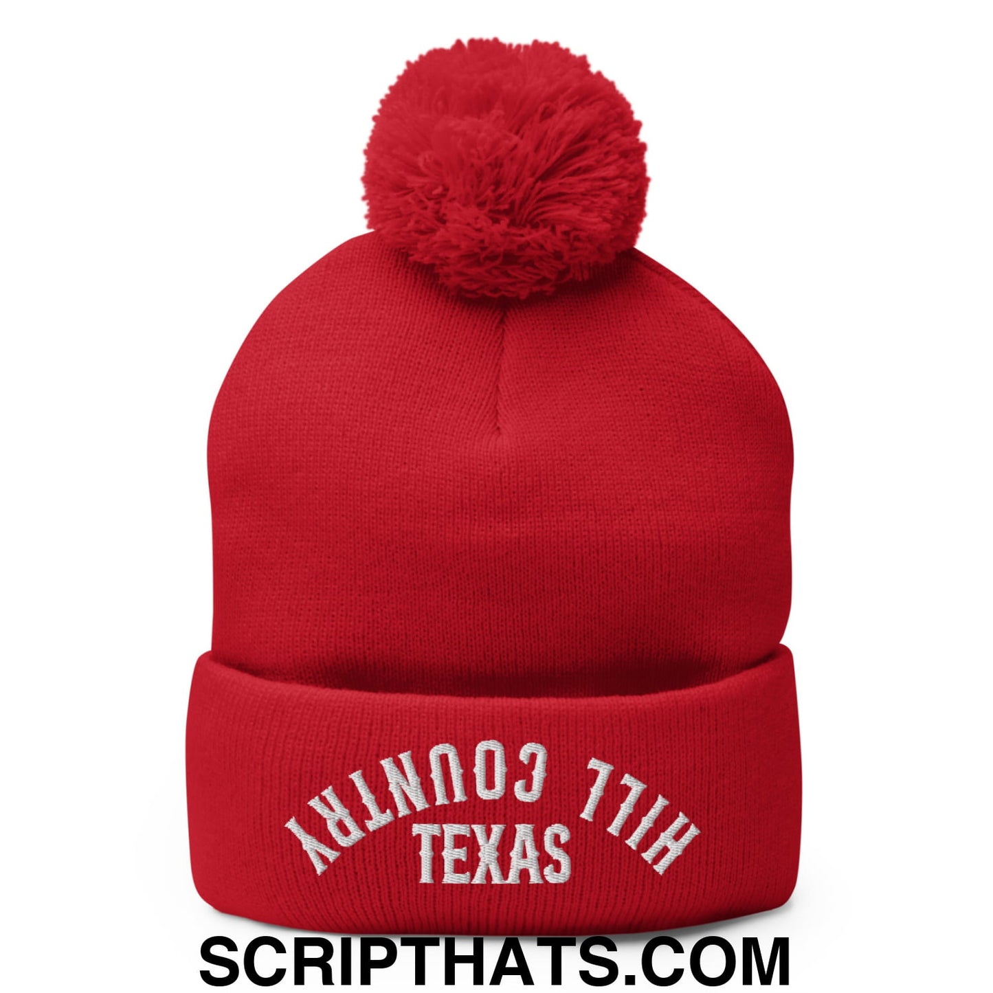 Upside Down Texas Hill Country Embroidered Knit Pom Pom Beanie Red