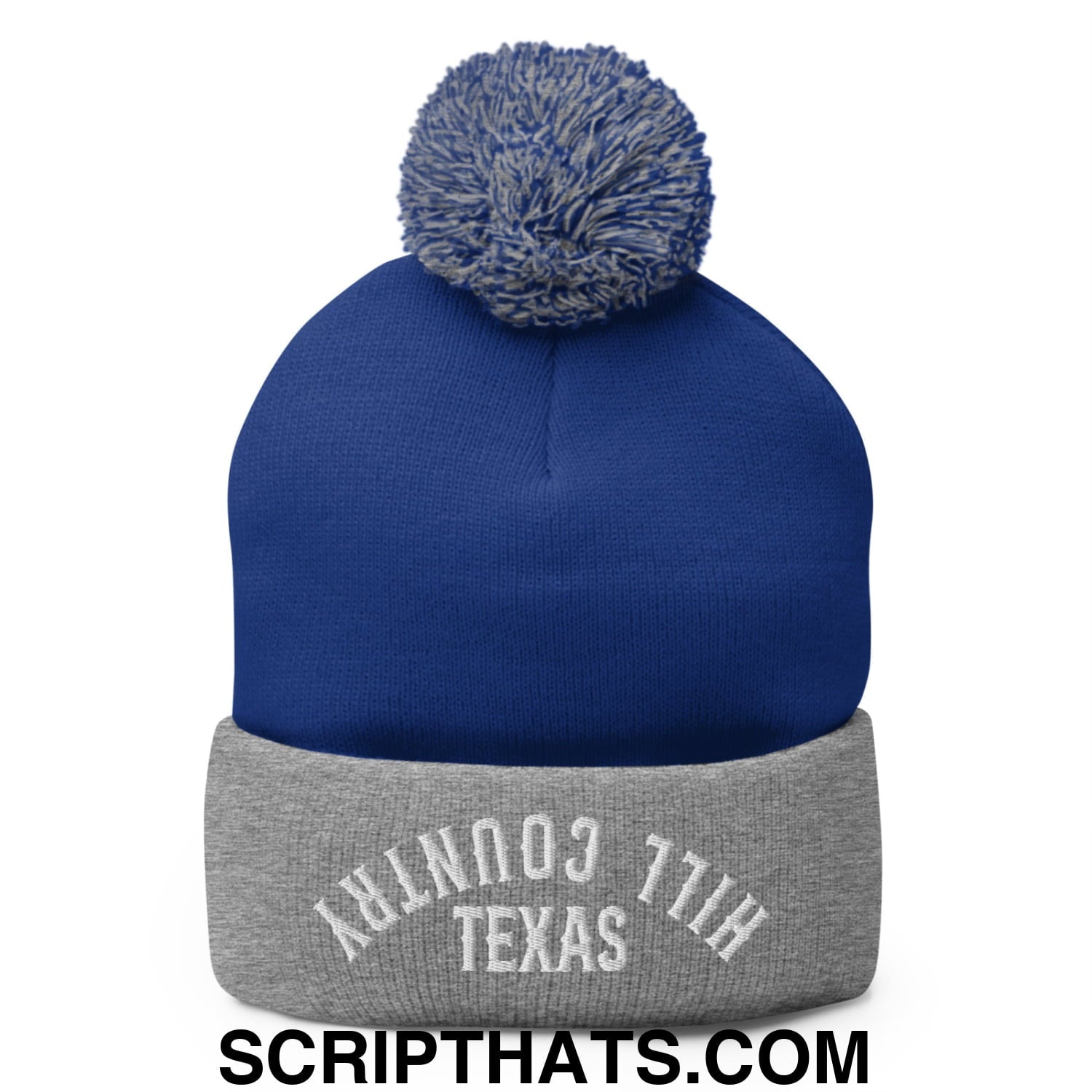 Upside Down Texas Hill Country Embroidered Knit Pom Pom Beanie Royal Heather Grey