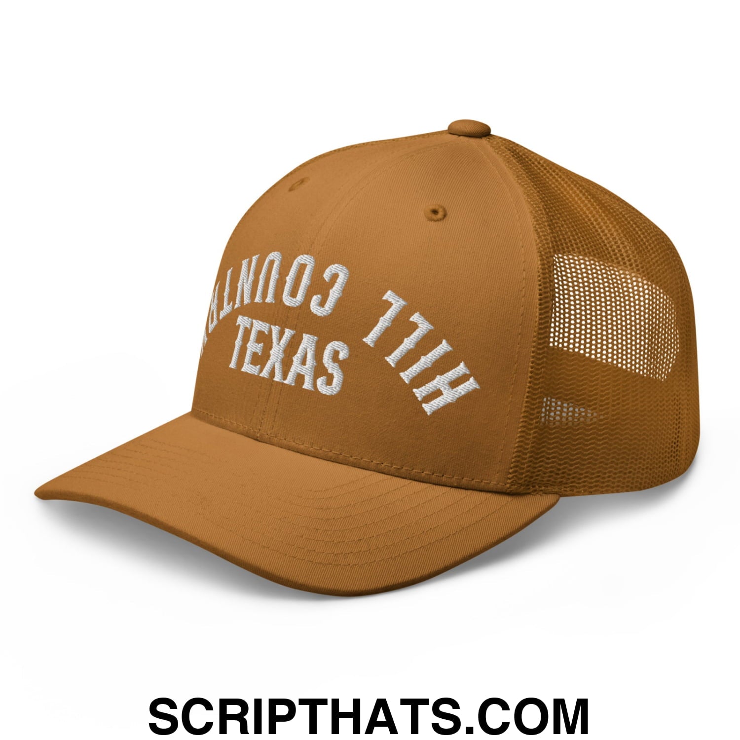 Upside Down Texas Hill Country Embroidered Mesh Trucker Hat Caramel