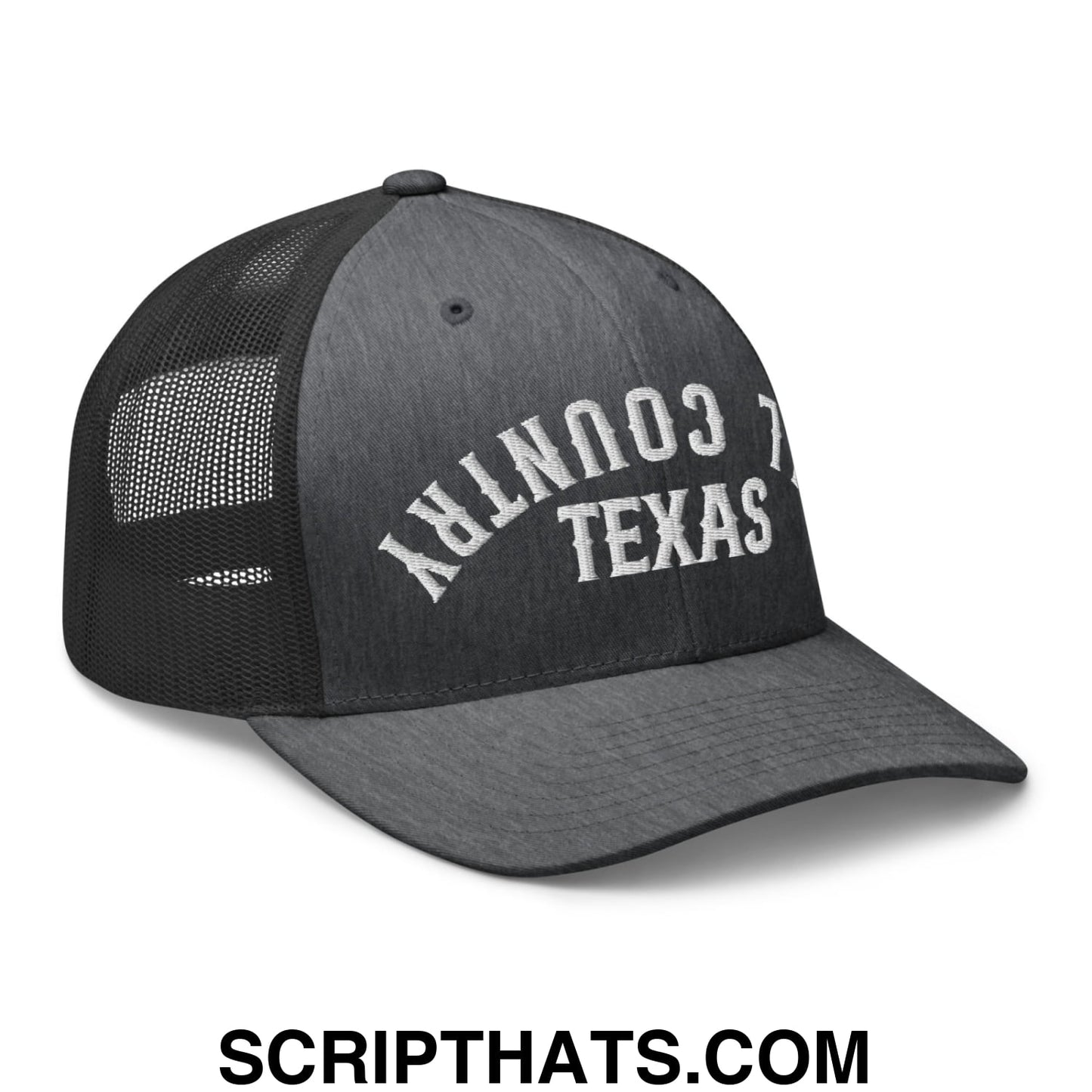 Upside Down Texas Hill Country Embroidered Mesh Trucker Hat Dark Heather Gray