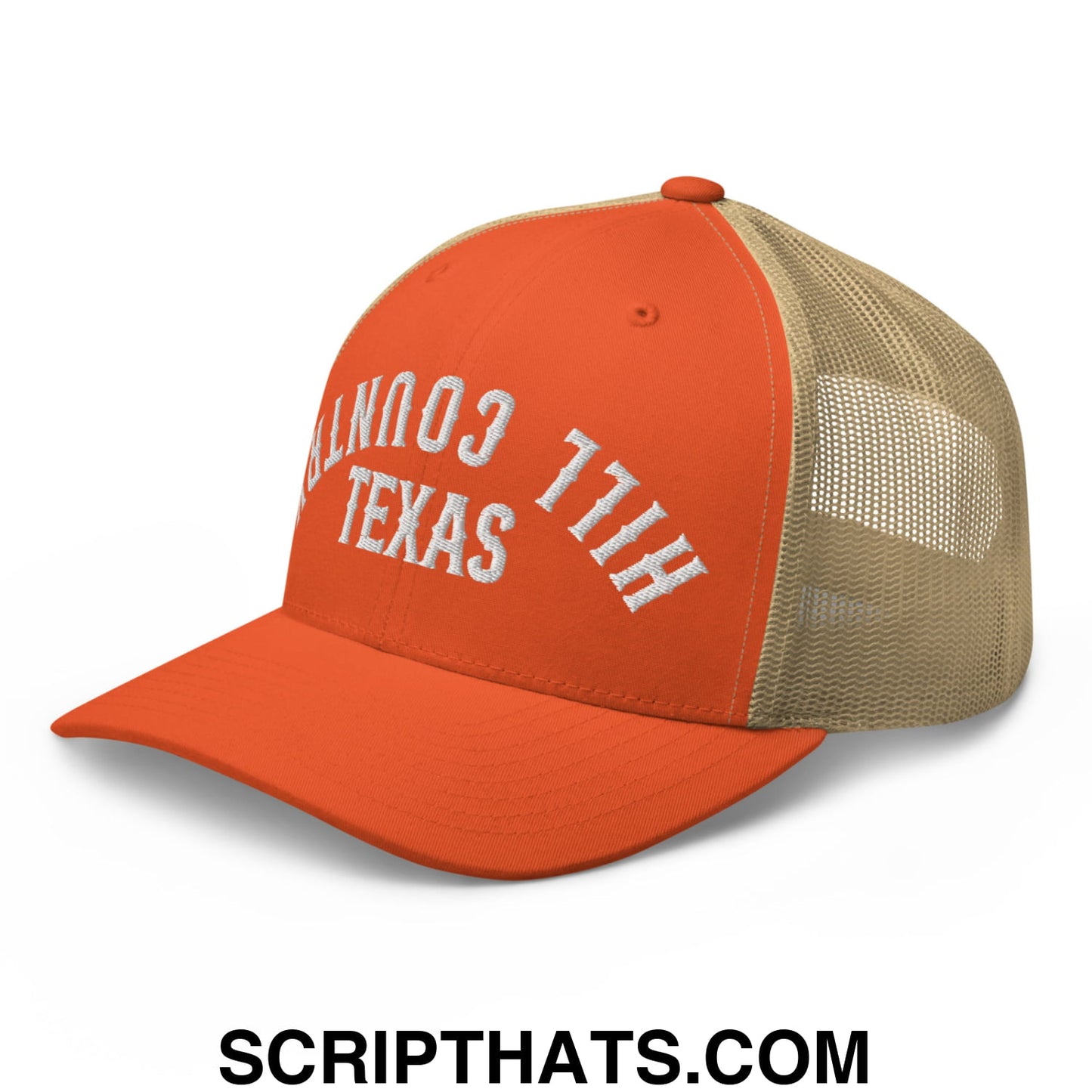 Upside Down Texas Hill Country Embroidered Mesh Trucker Hat Rustic Orange Khaki