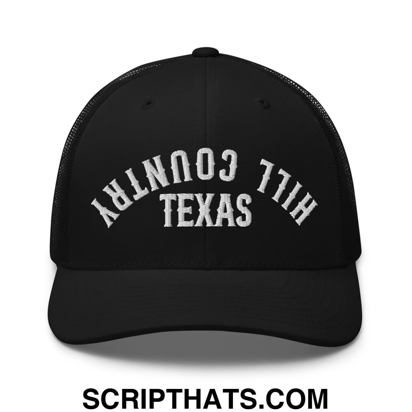 Upside Down Texas Hill Country Embroidered Mesh Trucker Hat Black