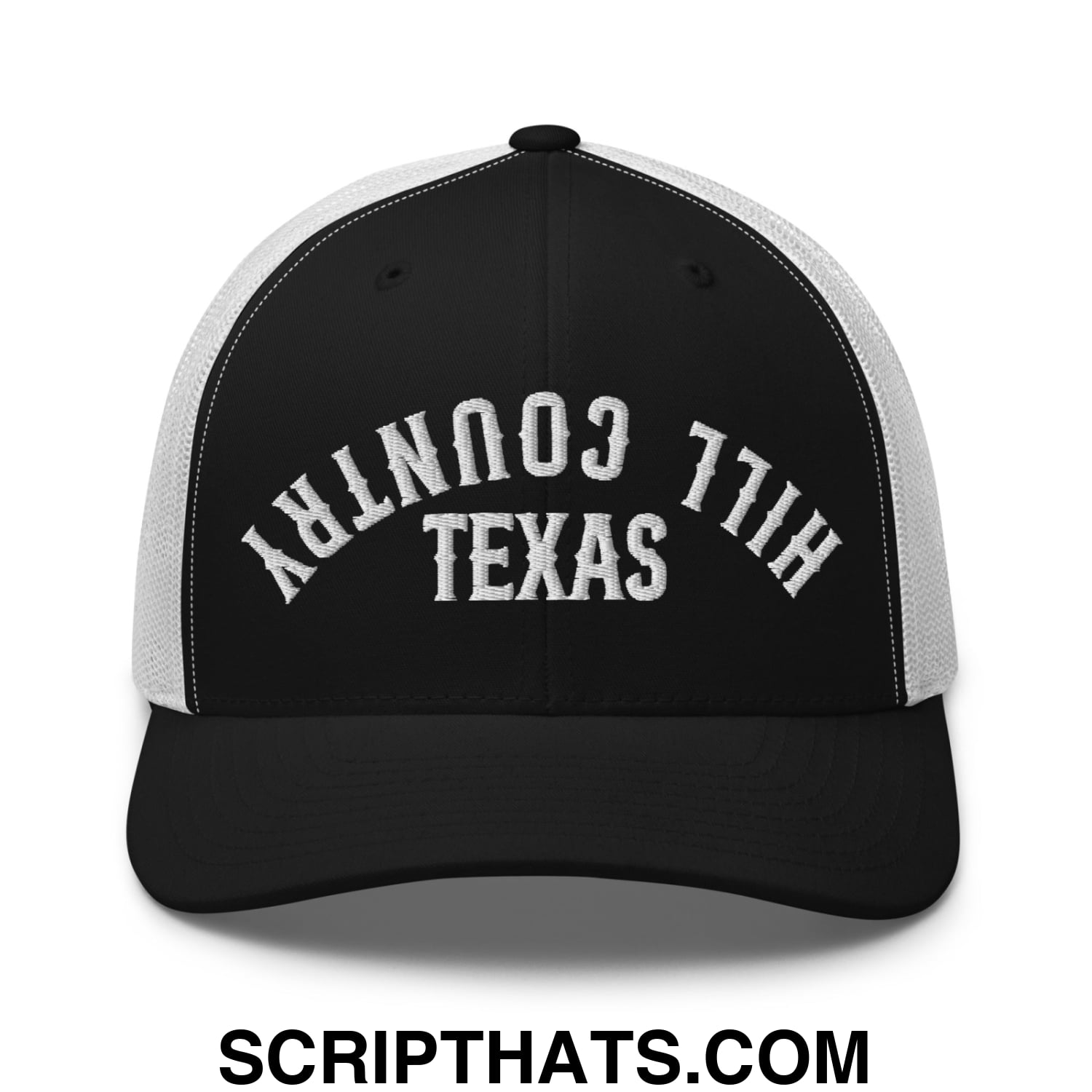 Upside Down Texas Hill Country Embroidered Mesh Trucker Hat Black White