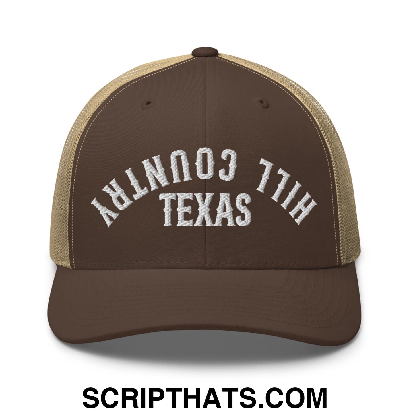 Upside Down Texas Hill Country Embroidered Mesh Trucker Hat Brown Khaki