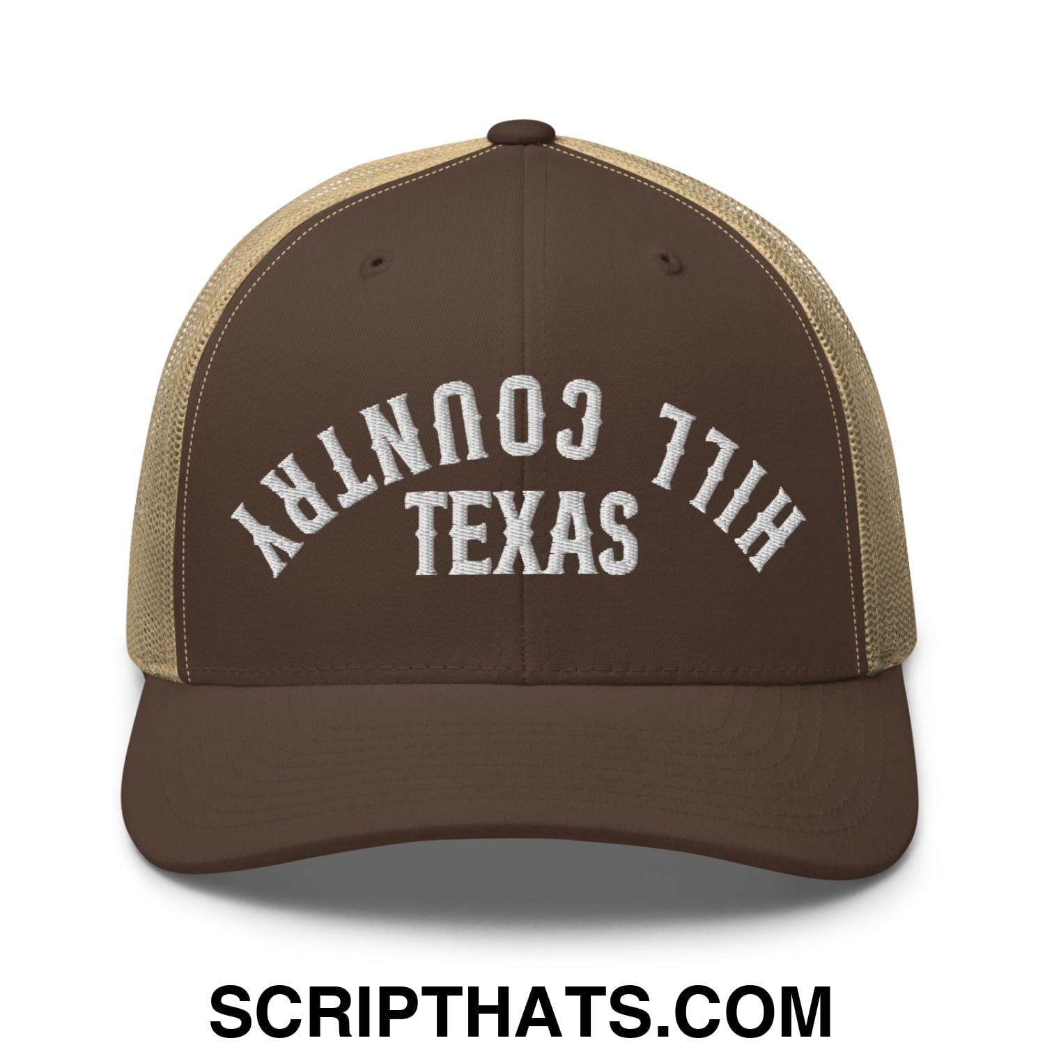 Upside Down Texas Hill Country Embroidered Mesh Trucker Hat Brown Khaki