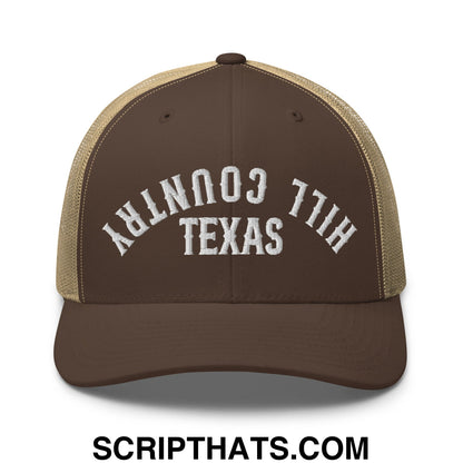 Upside Down Texas Hill Country Embroidered Mesh Trucker Hat Brown Khaki