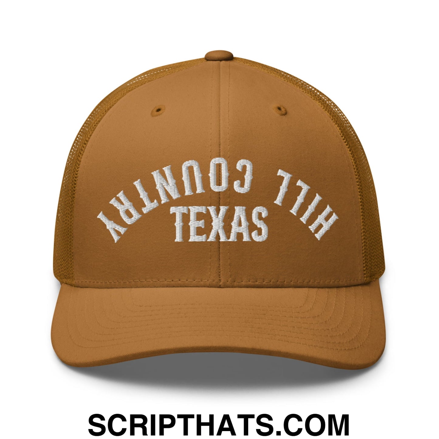 Upside Down Texas Hill Country Embroidered Mesh Trucker Hat Caramel