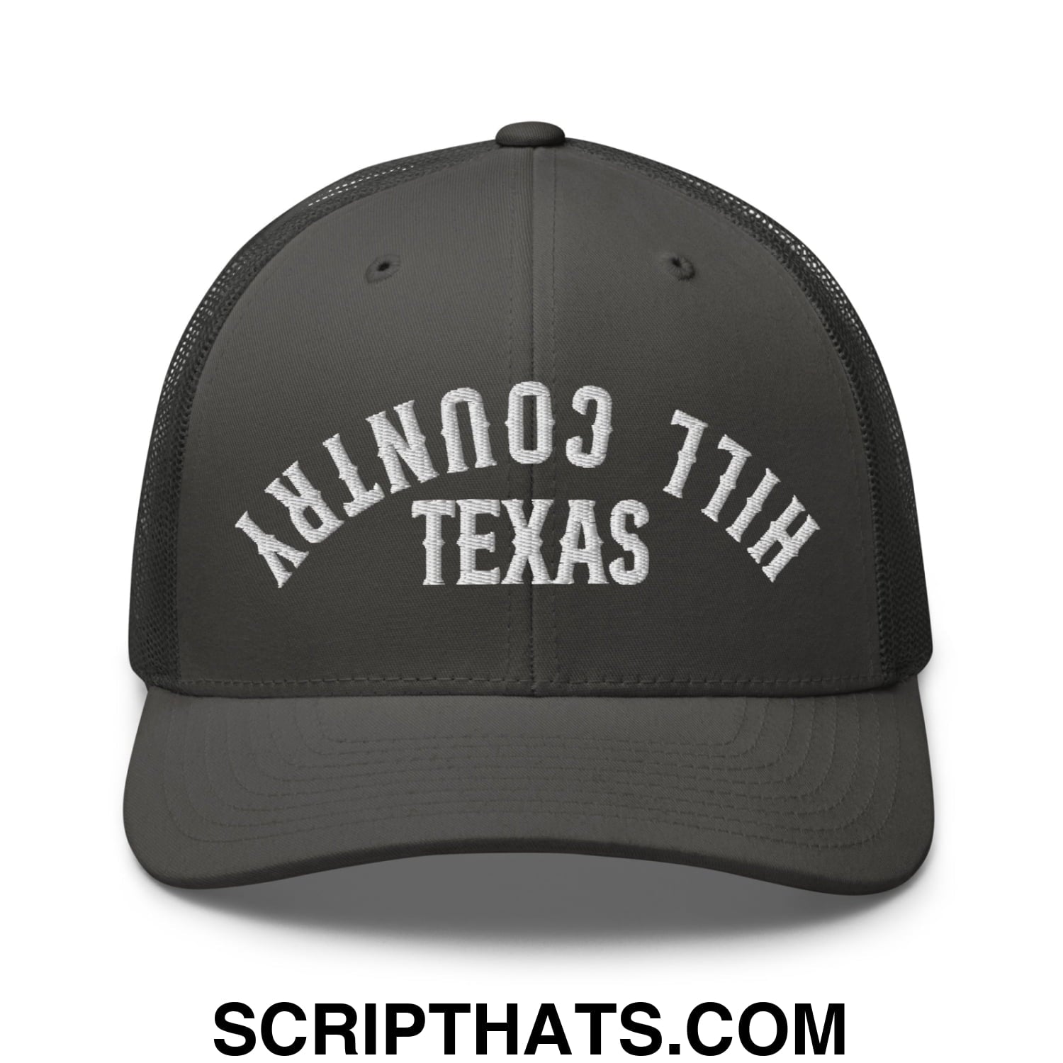 Upside Down Texas Hill Country Embroidered Mesh Trucker Hat Charcoal