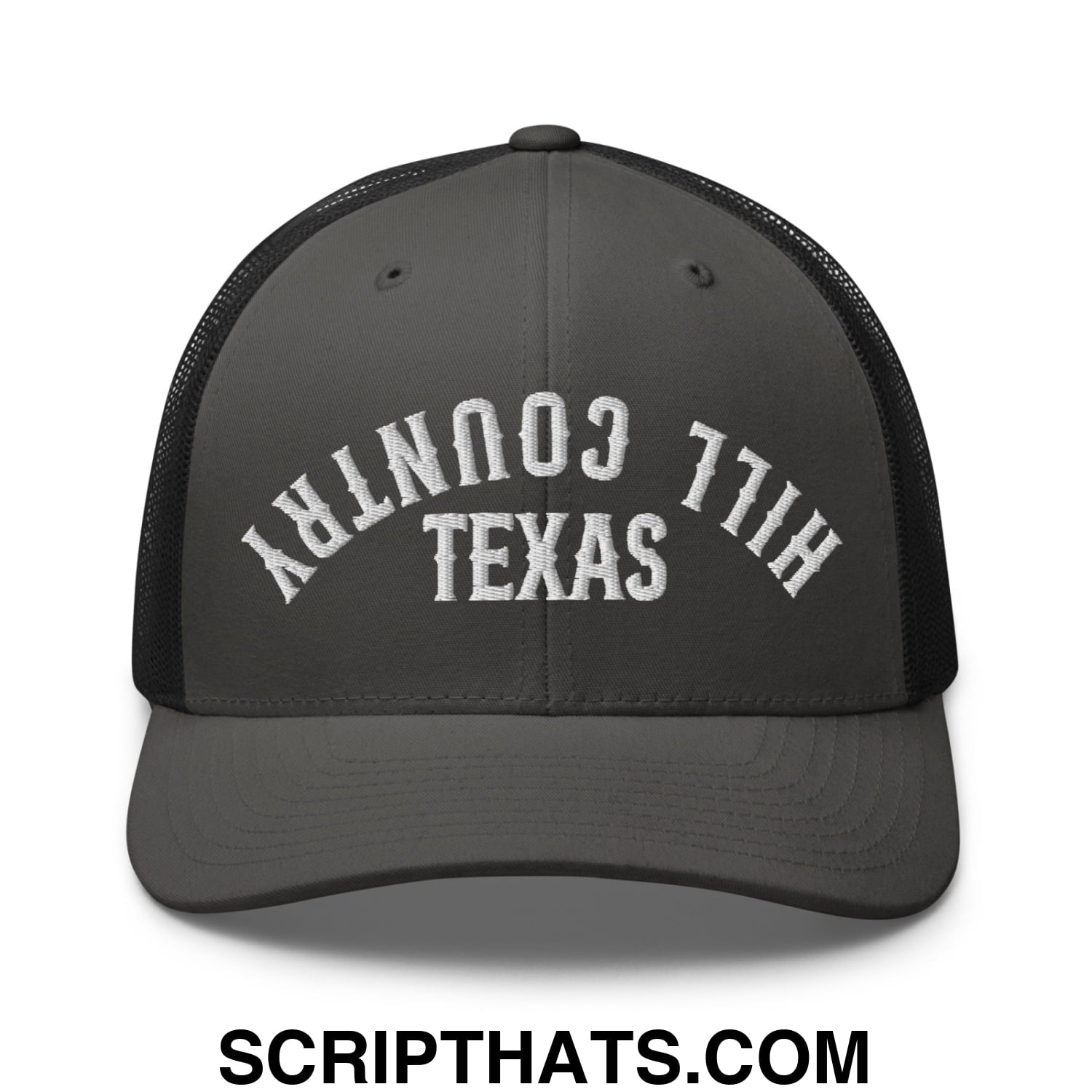 Upside Down Texas Hill Country Embroidered Mesh Trucker Hat Charcoal Black