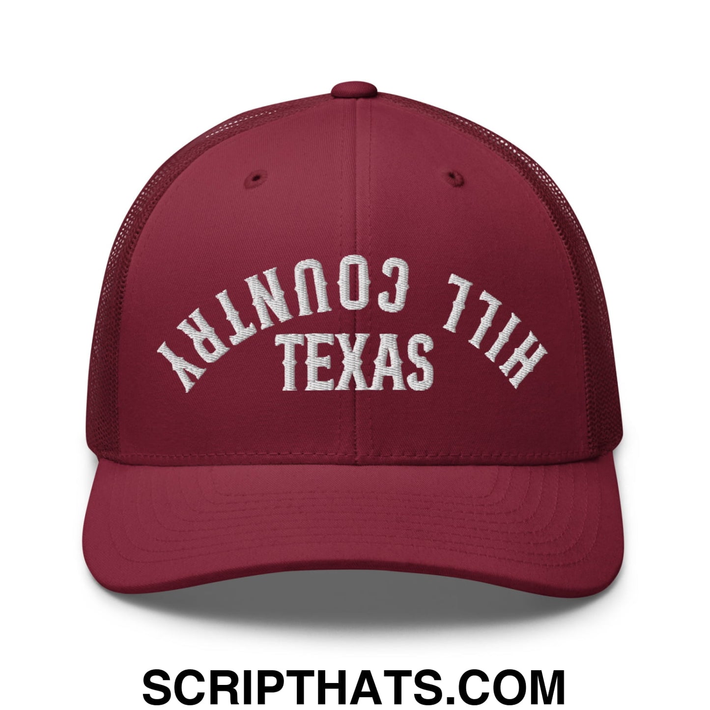 Upside Down Texas Hill Country Embroidered Mesh Trucker Hat Cranberry