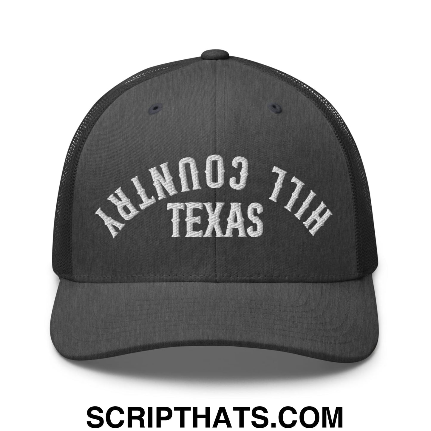 Upside Down Texas Hill Country Embroidered Mesh Trucker Hat Dark Heather Gray