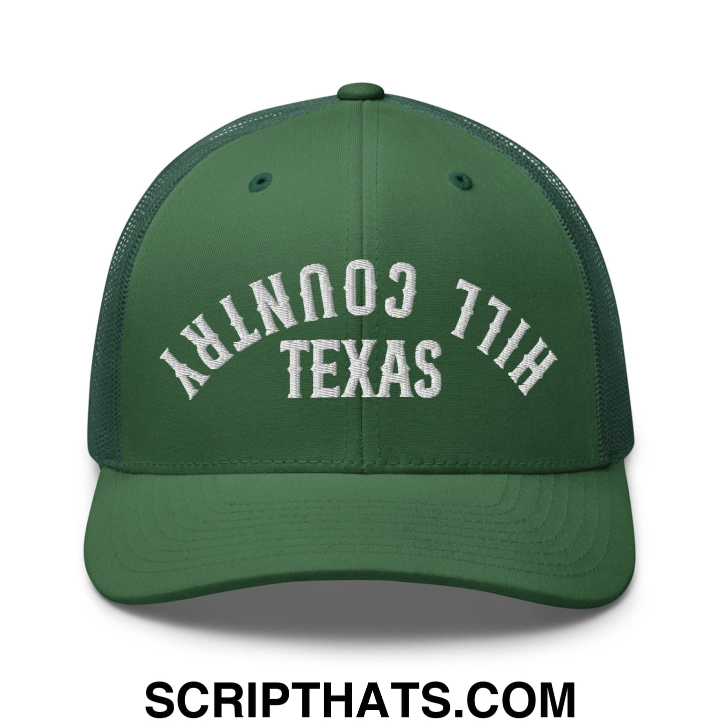 Upside Down Texas Hill Country Embroidered Mesh Trucker Hat Evergreen