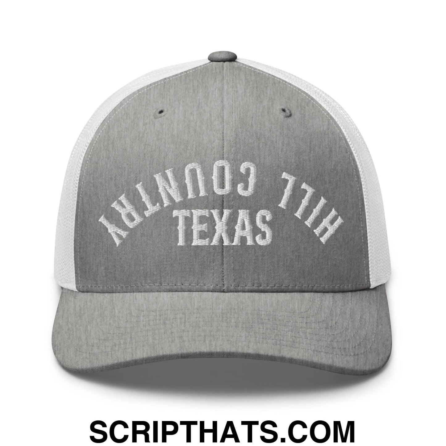 Upside Down Texas Hill Country Embroidered Mesh Trucker Hat Heather Grey White