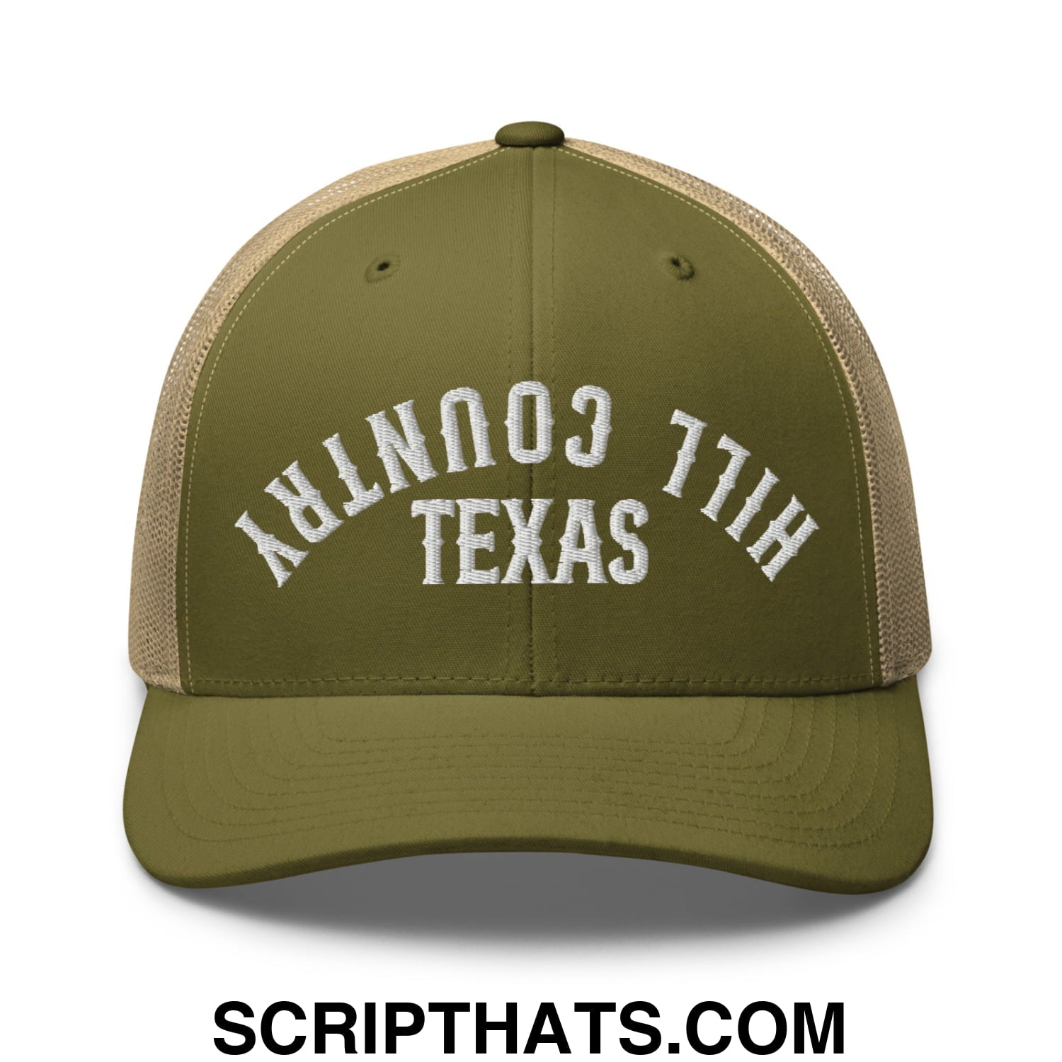 Upside Down Texas Hill Country Embroidered Mesh Trucker Hat Moss Khaki