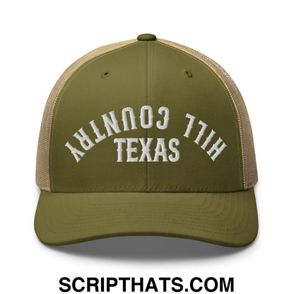 Upside Down Texas Hill Country Embroidered Mesh Trucker Hat Moss Khaki
