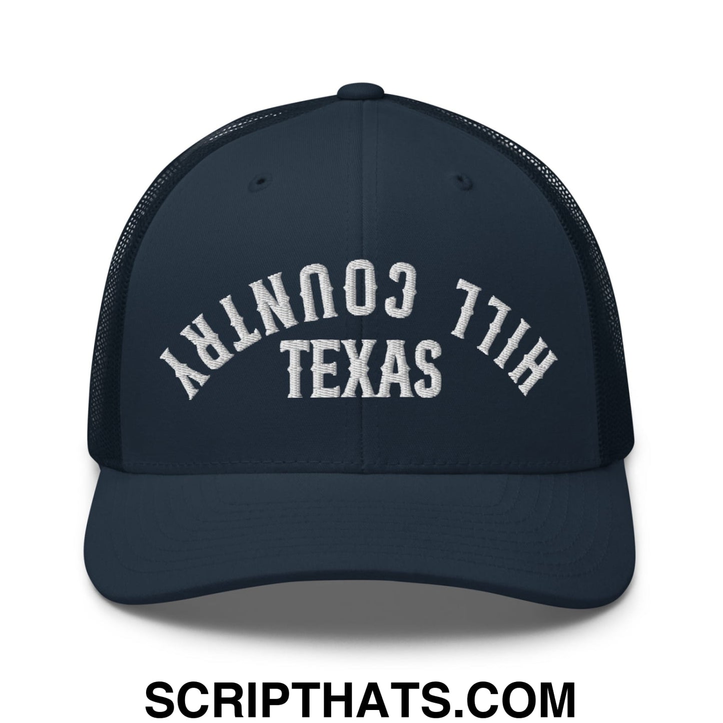 Upside Down Texas Hill Country Embroidered Mesh Trucker Hat Navy