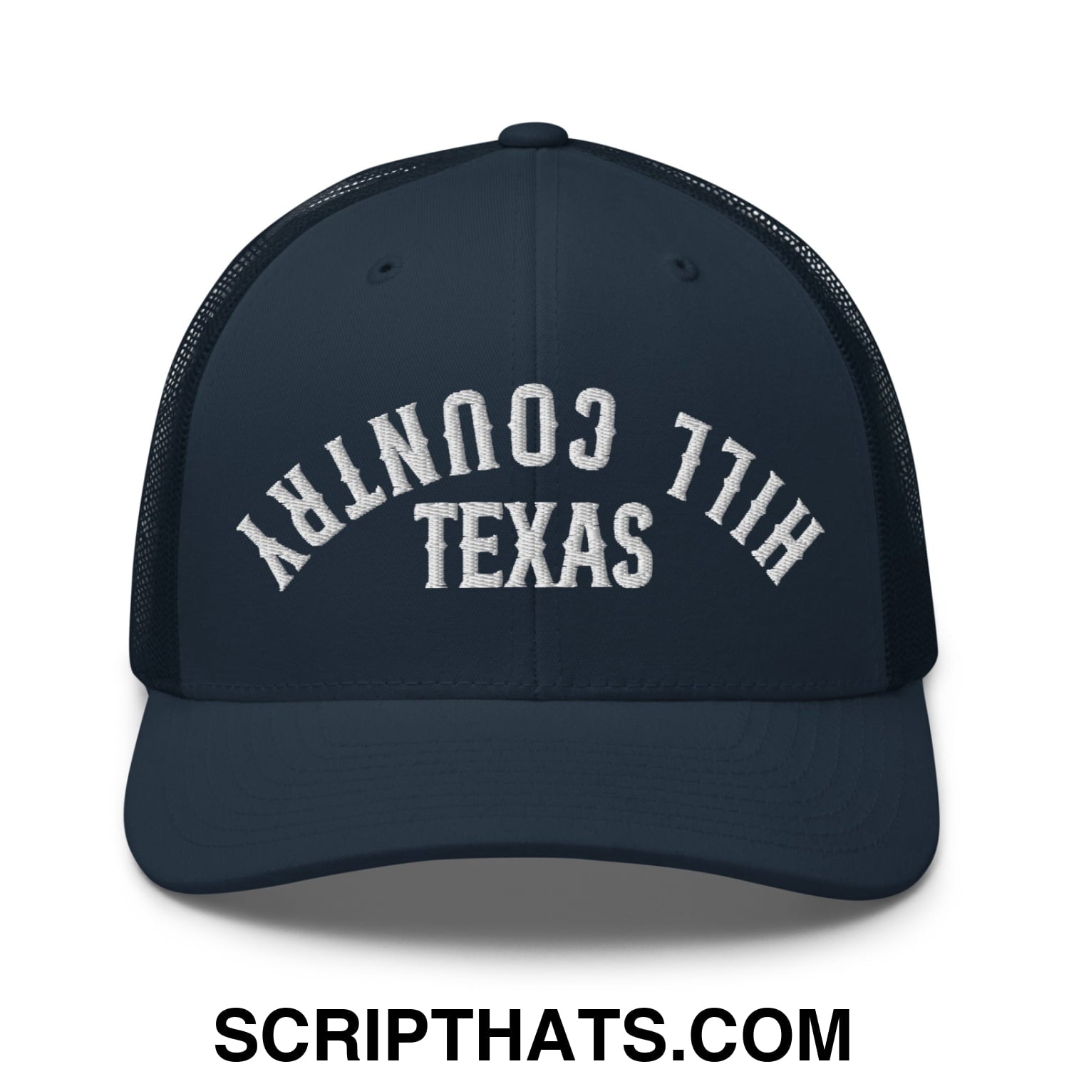 Upside Down Texas Hill Country Embroidered Mesh Trucker Hat Navy