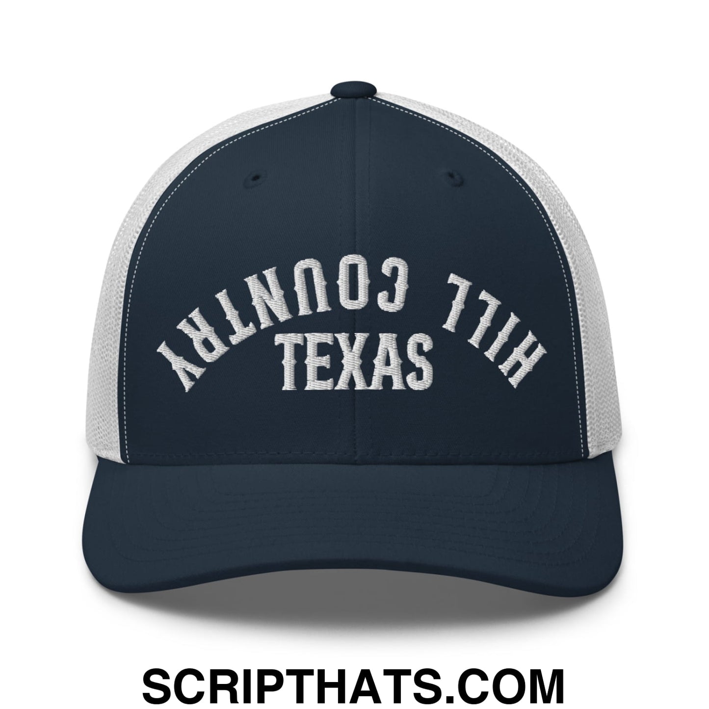 Upside Down Texas Hill Country Embroidered Mesh Trucker Hat Navy White