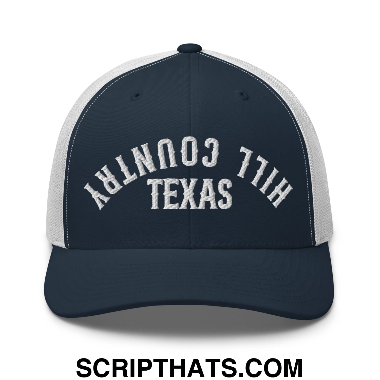 Upside Down Texas Hill Country Embroidered Mesh Trucker Hat Navy White