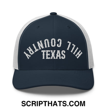 Upside Down Texas Hill Country Embroidered Mesh Trucker Hat Navy White