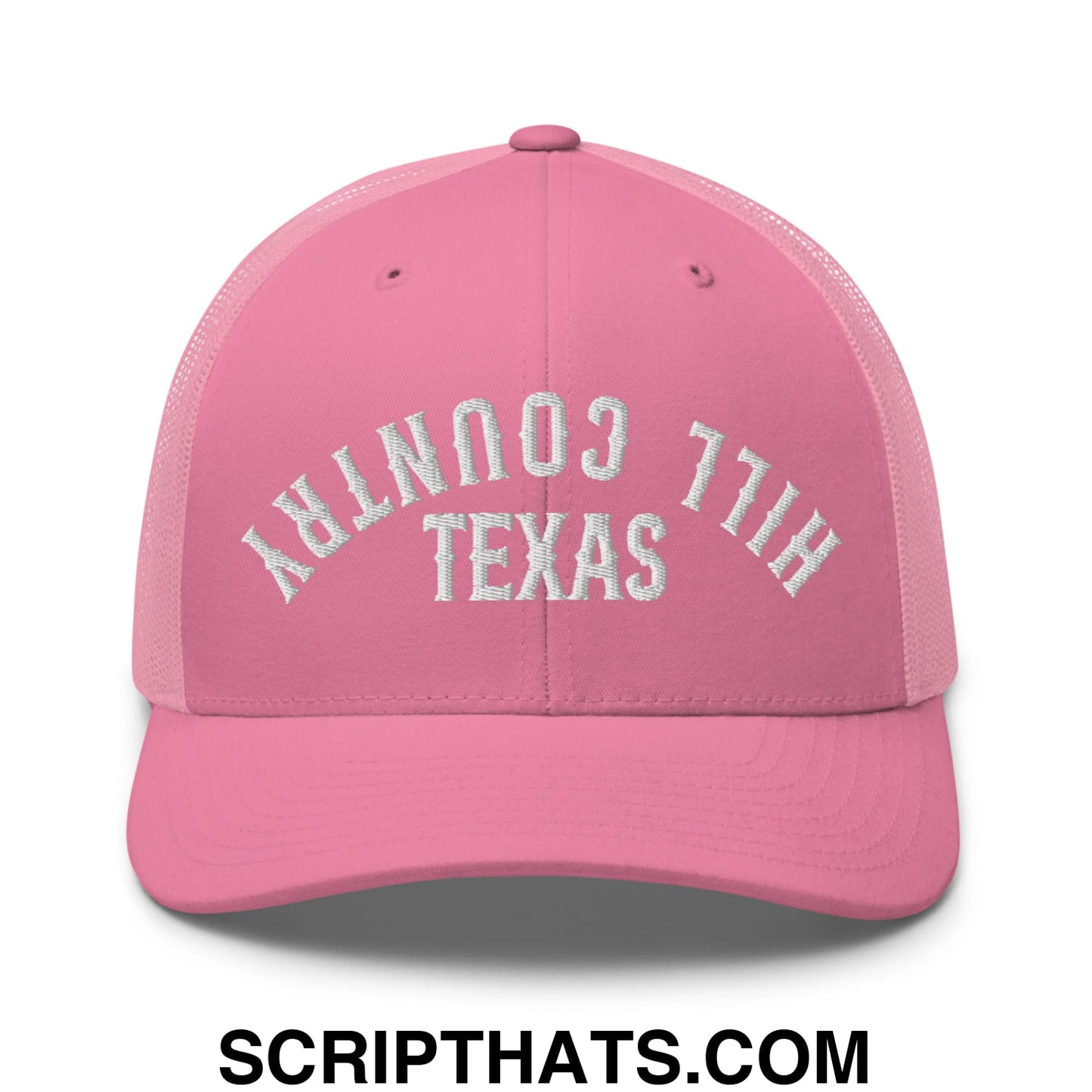 Upside Down Texas Hill Country Embroidered Mesh Trucker Hat Pink