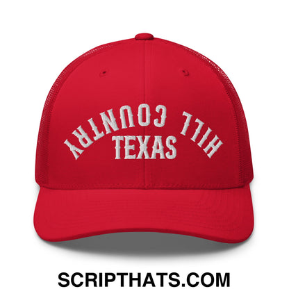 Upside Down Texas Hill Country Embroidered Mesh Trucker Hat Red