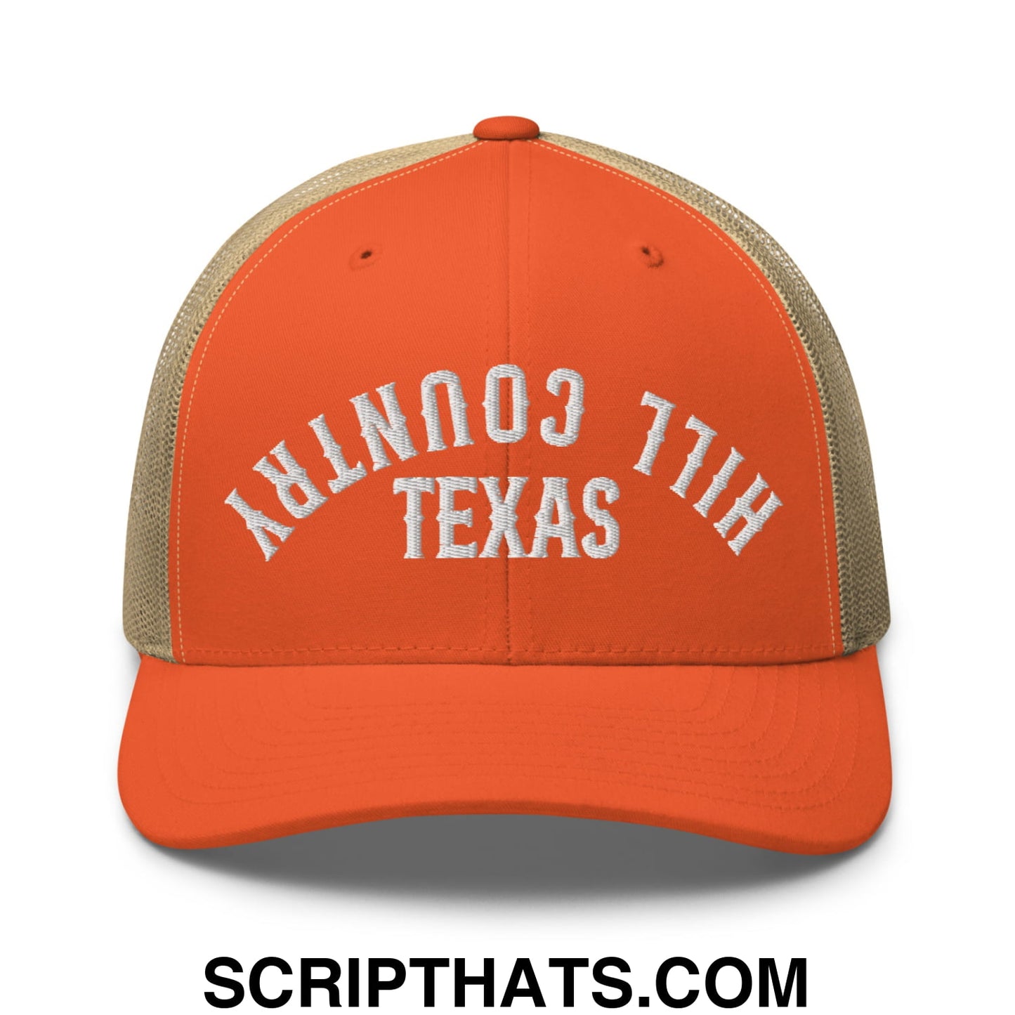 Upside Down Texas Hill Country Embroidered Mesh Trucker Hat Rustic Orange Khaki