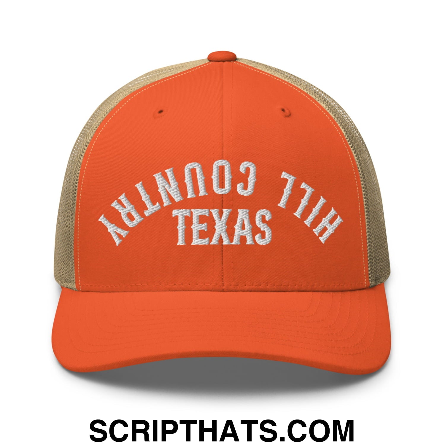 Upside Down Texas Hill Country Embroidered Mesh Trucker Hat Rustic Orange Khaki