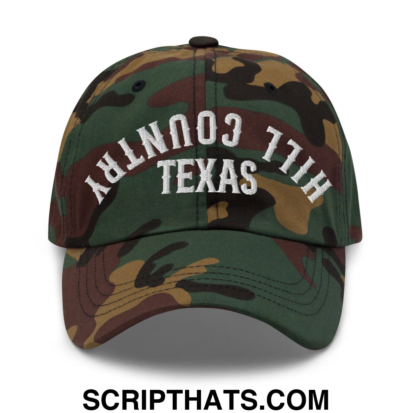 Upside Down Texas Hill Country Embroidered Unstructured Dad Hat Green Camo