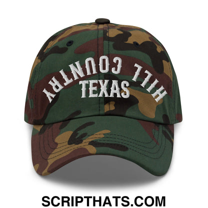 Upside Down Texas Hill Country Embroidered Unstructured Dad Hat Green Camo