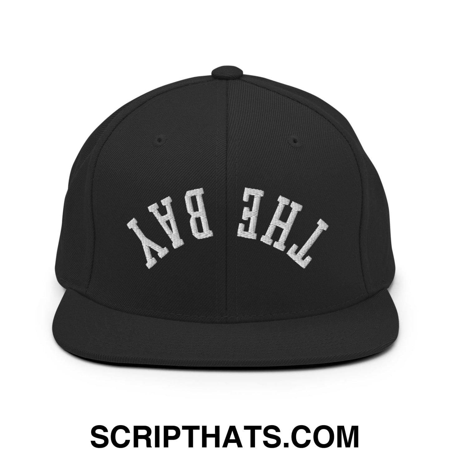 Black snapback cap with white embroidered the bay lettering in a classic arched design and flat bill brim