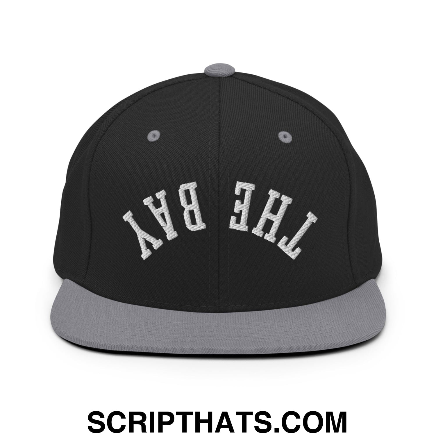 Black snapback hat with gray brim and white embroidered the bay lettering in classic collegiate font
