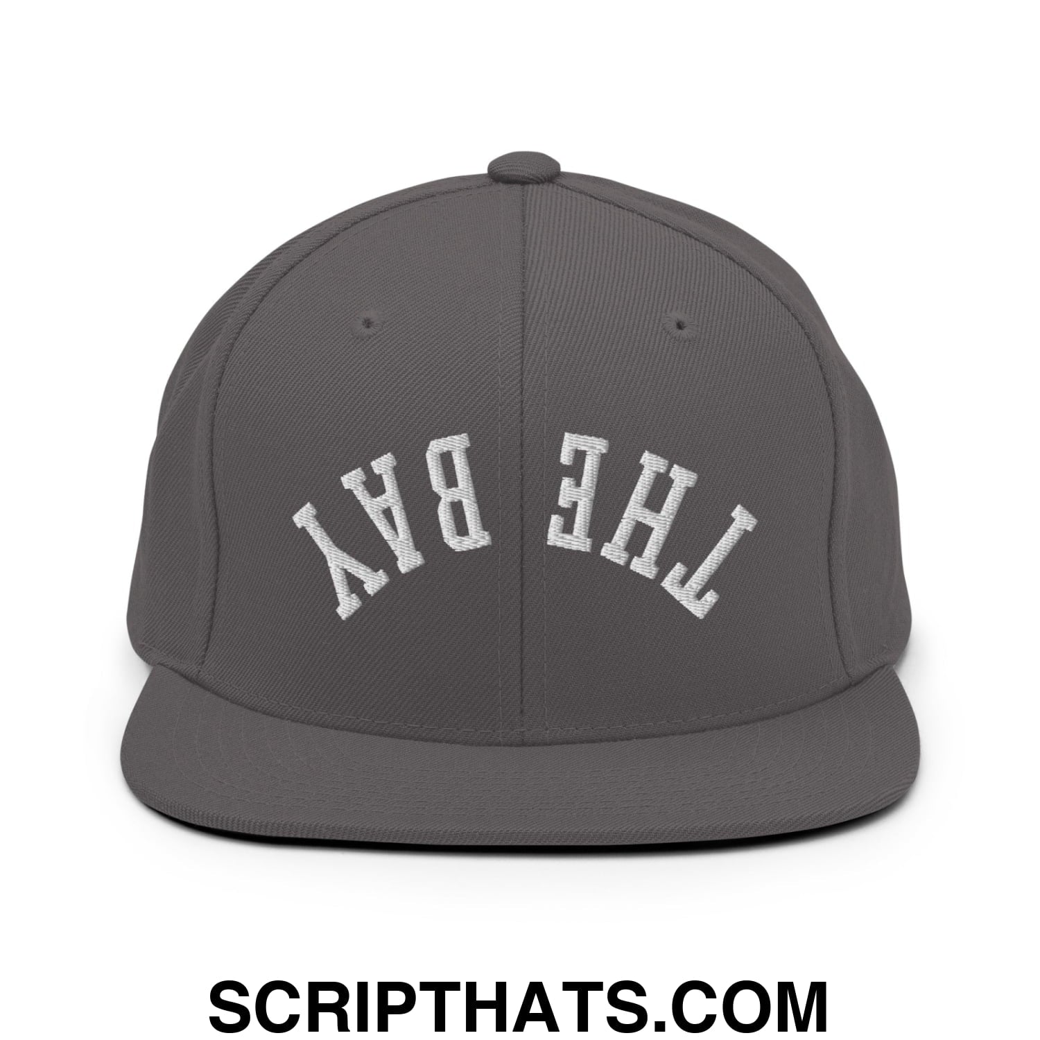 Gray snapback cap with white embroidered the bay lettering in an arched design flat bill brim style