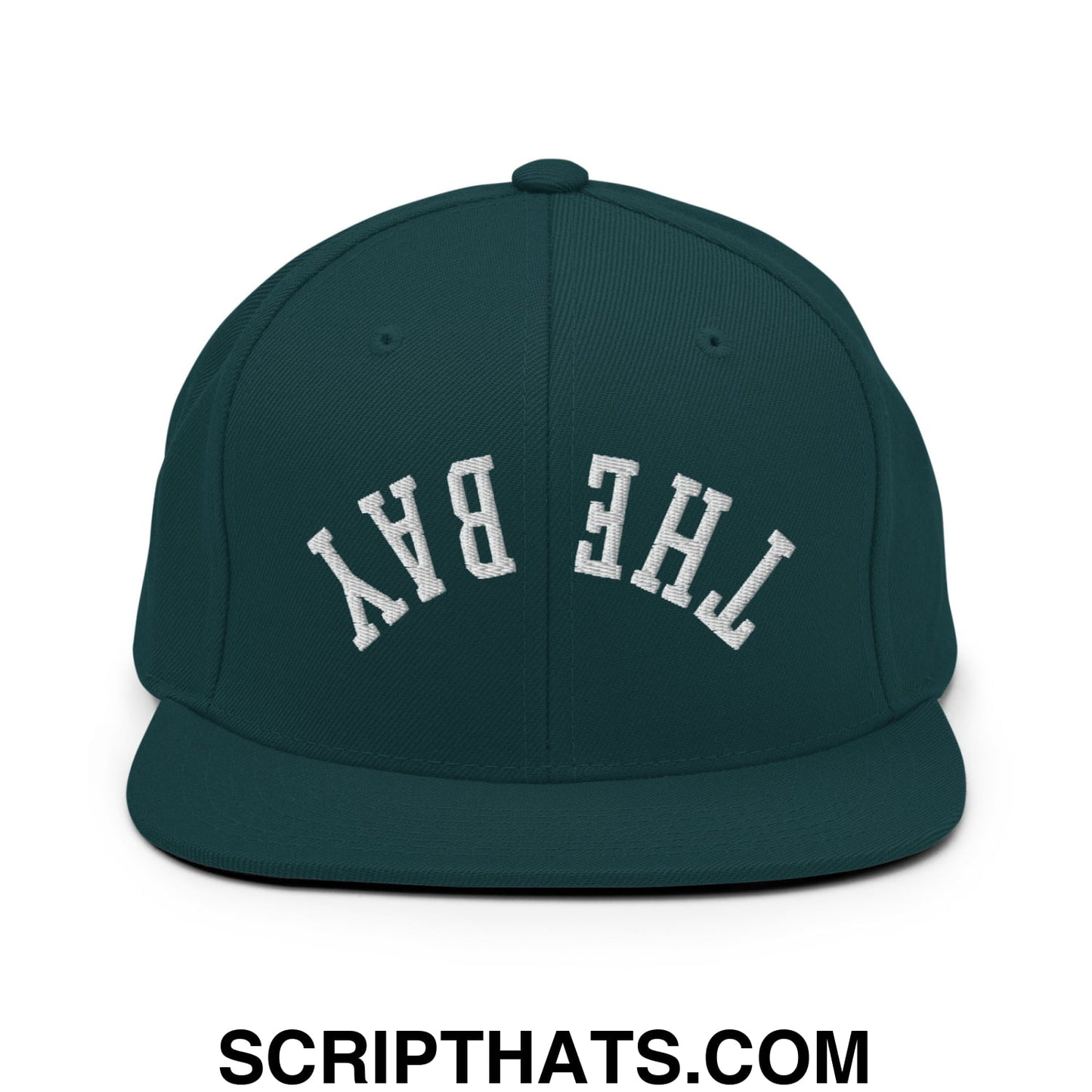 Dark green snapback hat with white embroidered the bay lettering and flat bill brim for casual wear