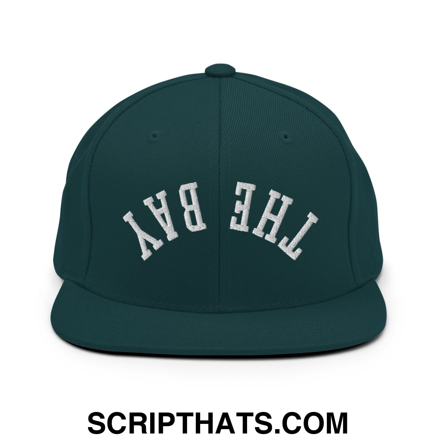Dark green snapback hat with white embroidered the bay lettering and flat bill brim for casual wear