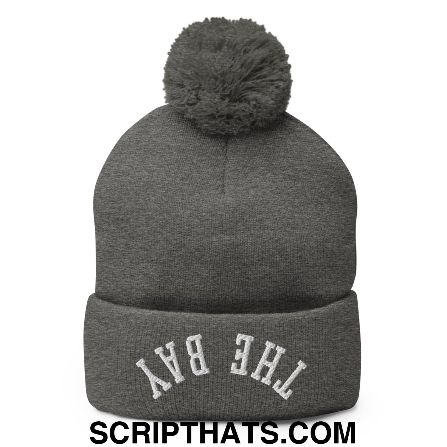 Upside Down The Bay Embroidered Knit Pom Pom Beanie Dark Heather Grey