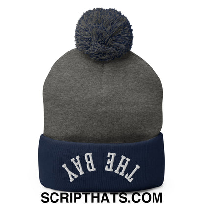 Upside Down The Bay Embroidered Knit Pom Pom Beanie Dark Heather Grey Navy