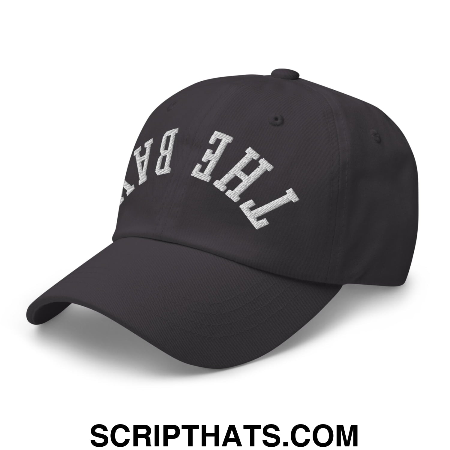 Black unstructured dad hat with white embroidered arch reading the bay on front panel in upside down style