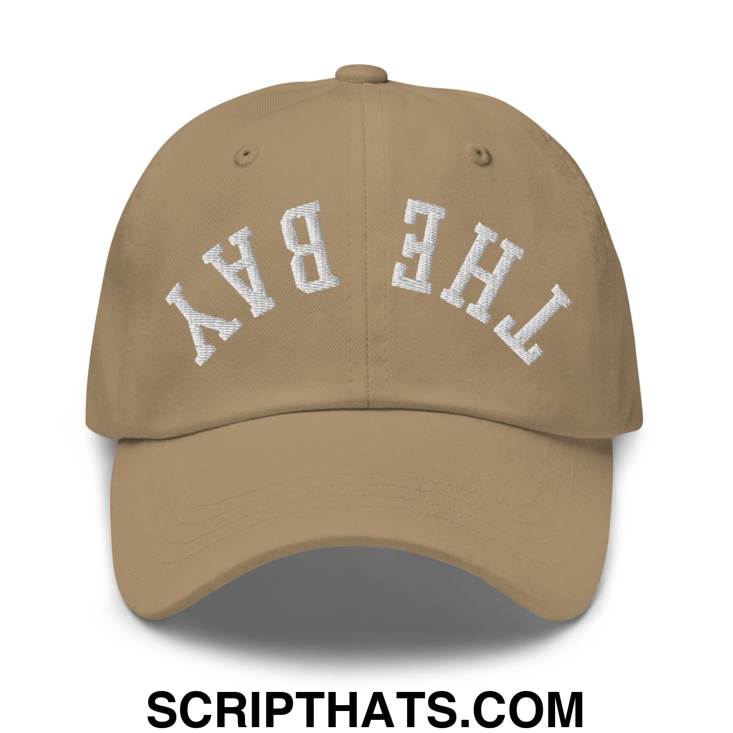 Tan unstructured dad hat with white embroidered arching the bay text on front called upside down the bay embroidered hat