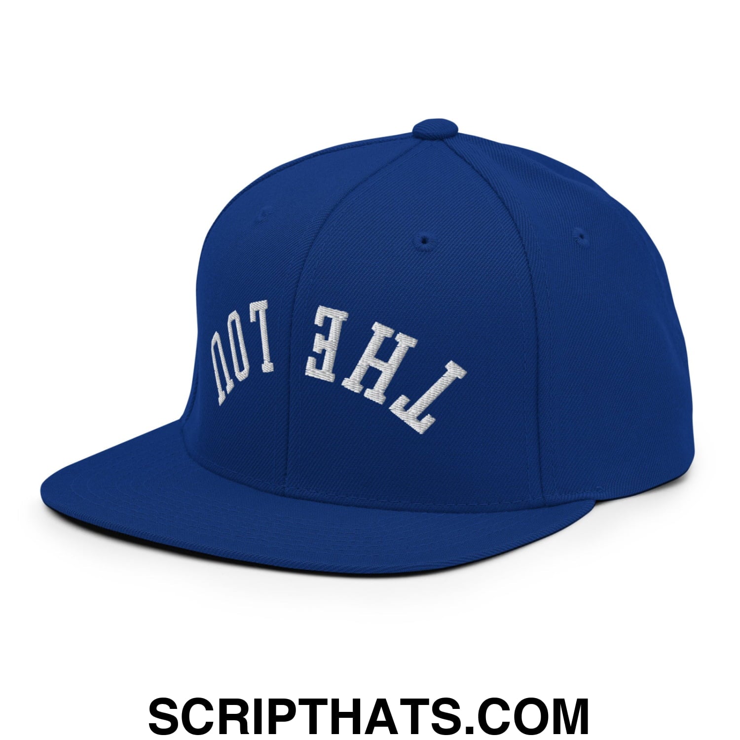 Royal blue flat bill brim snapback hat with white embroidered the lou lettering in arched design