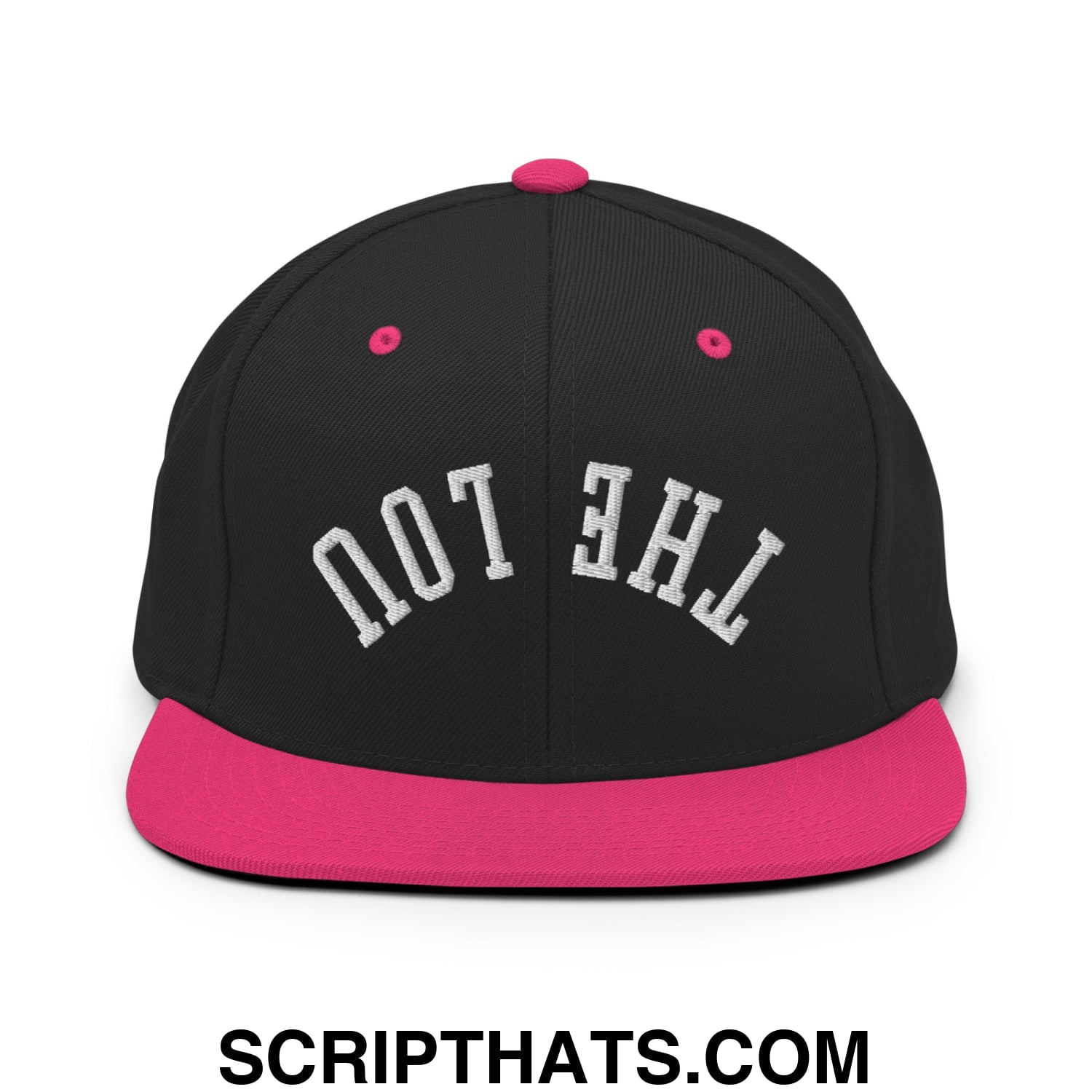 Black snapback cap with vibrant pink brim and button featuring white embroidered the lou text in arched design