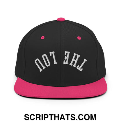 Black snapback cap with vibrant pink brim and button featuring white embroidered the lou text in arched design