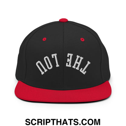 Black and red snapback hat with white embroidered the lou text and flat bill brim, upside down embroidered design
