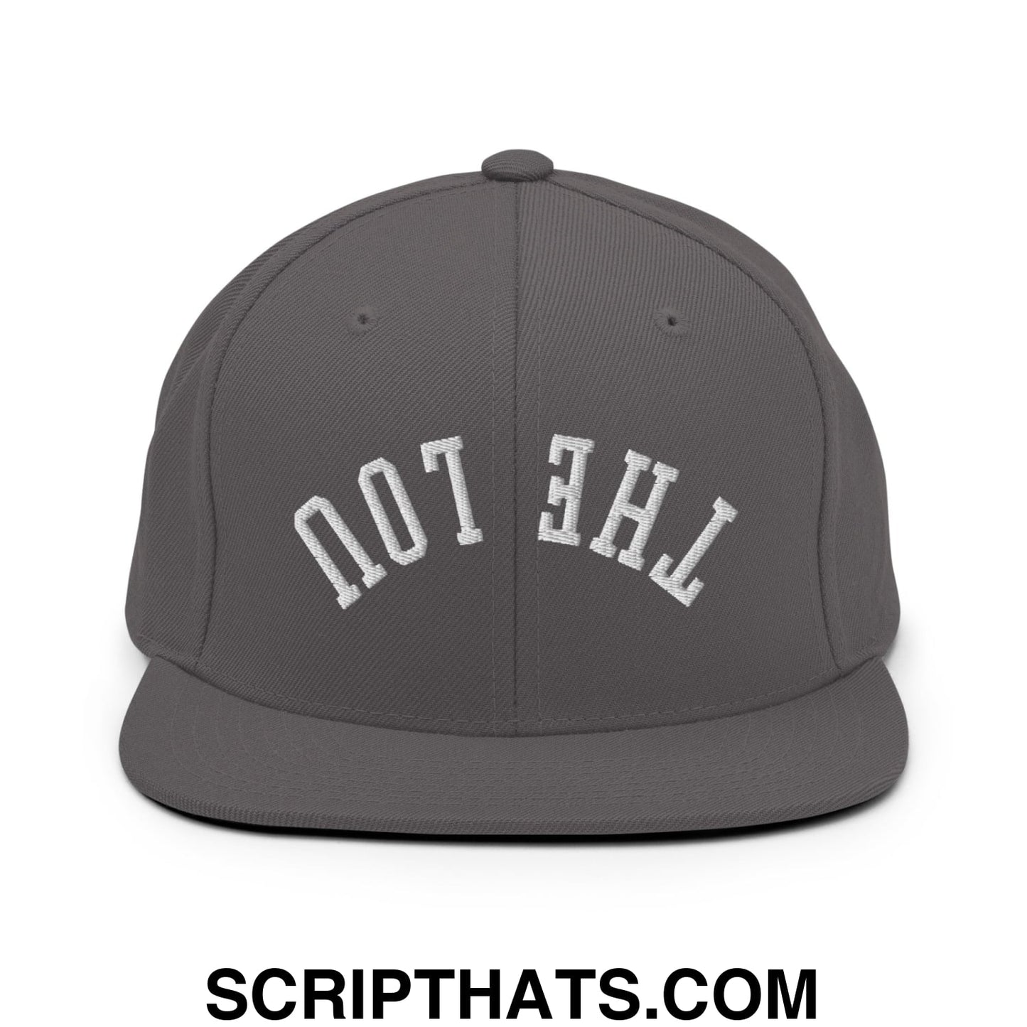A dark gray snapback hat with white embroidered the lou text and a flat bill brim in upside down style