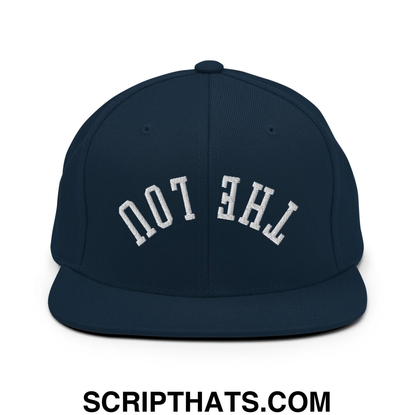Navy blue flat bill snapback hat with white embroidered the lou arch design in upside down style