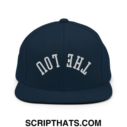 Navy blue flat bill snapback hat with white embroidered the lou arch design in upside down style