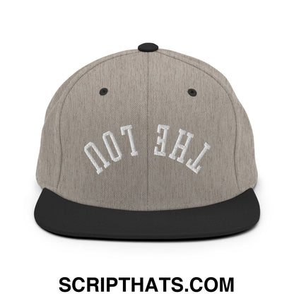 Gray heather snapback cap with black brim and embroidered white the lou lettering from upside down collection