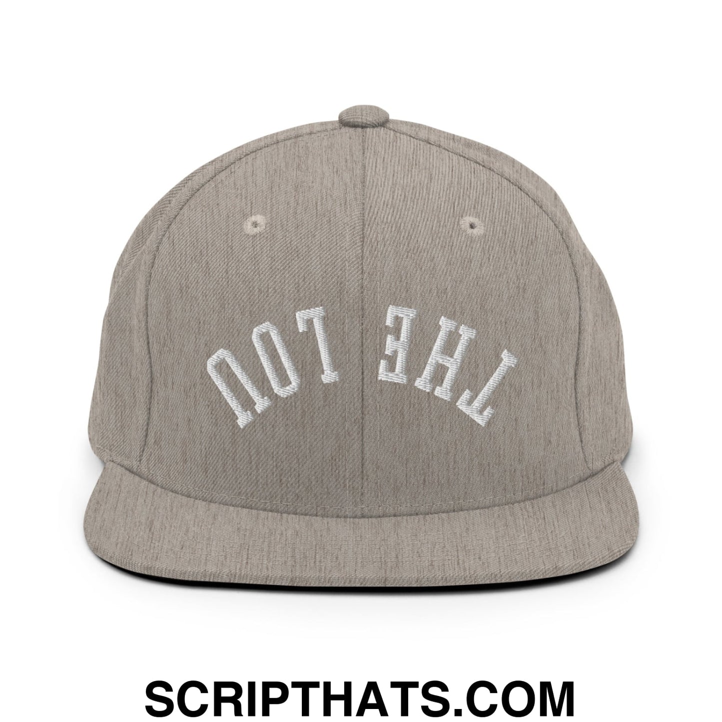Gray heather snapback cap with white embroidered the lou lettering and flat bill brim in upside down design