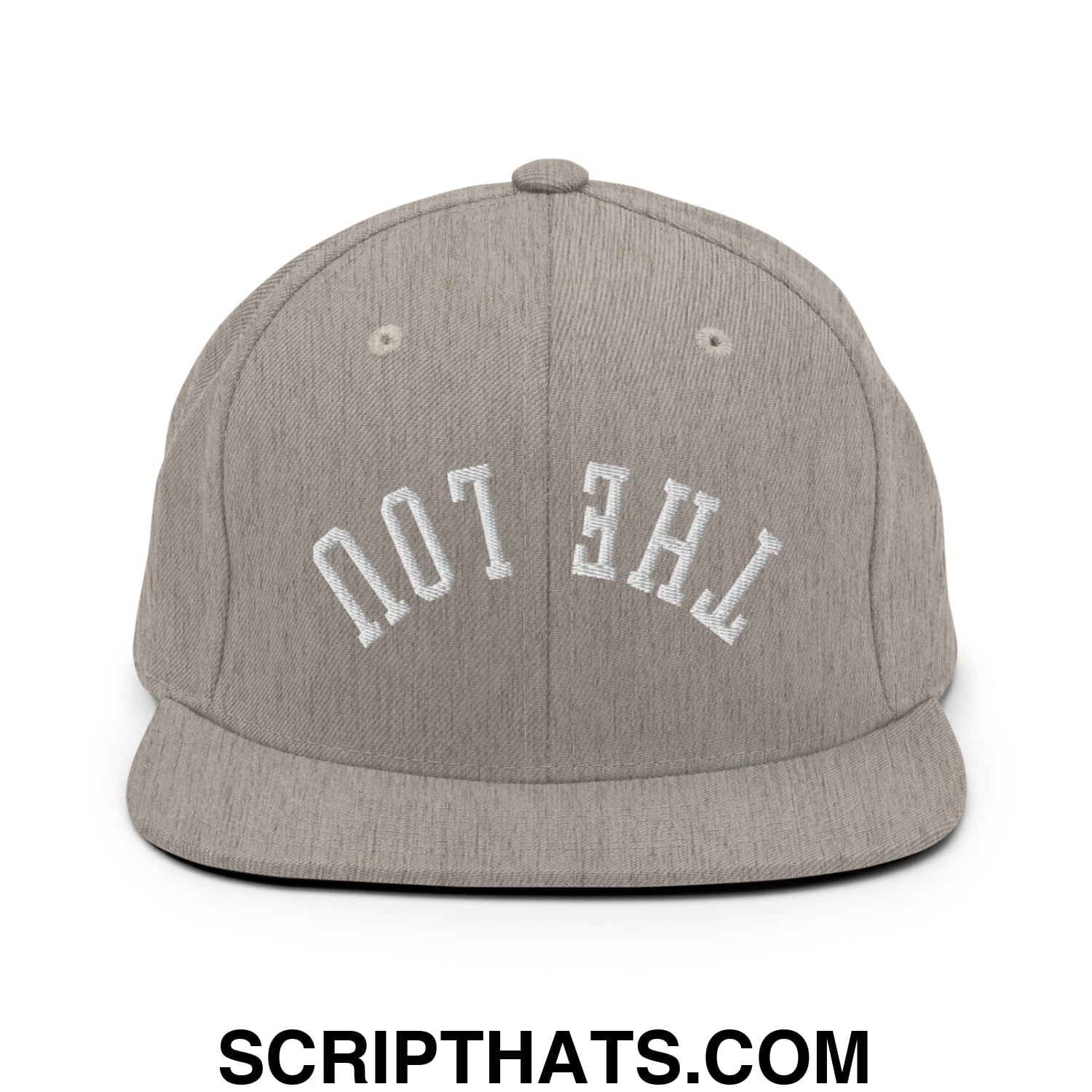 Gray heather snapback cap with white embroidered the lou lettering and flat bill brim in upside down design